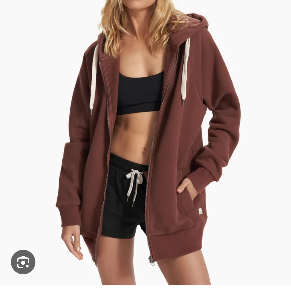 Vuori Brown Zip-Up Hoodie with Cream Drawstrings